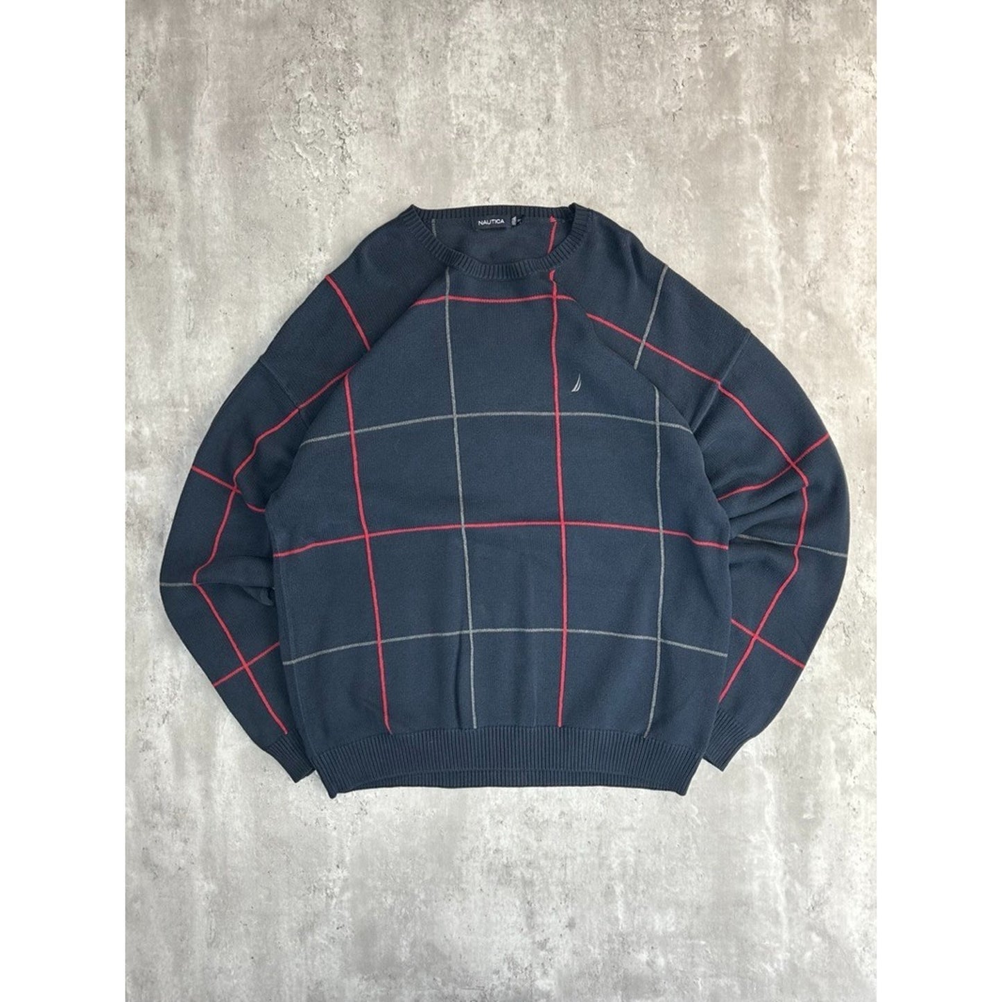 Vintage Nautica Embroidered Logo Checkered Knit Sweater Size XXL