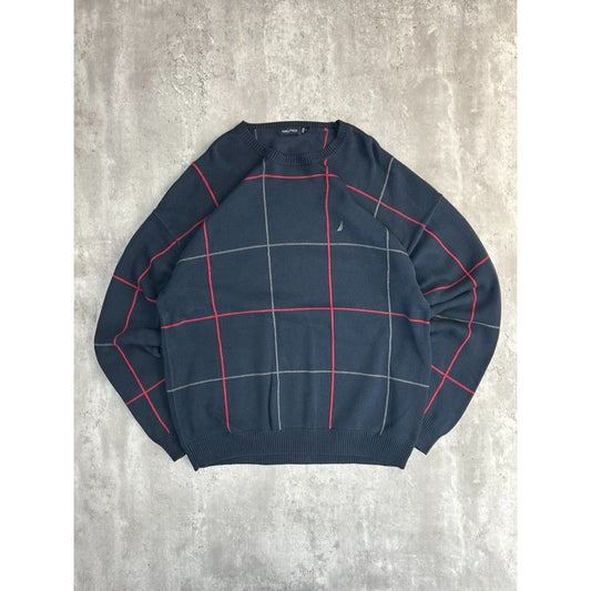 Vintage Nautica Embroidered Logo Checkered Knit Sweater Size XXL
