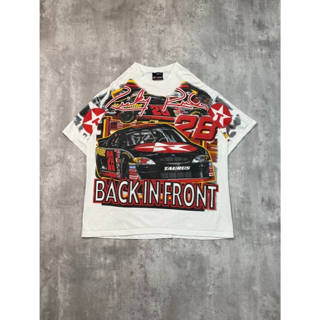 Vintage 90s Ernie Irvan #28 Back In Front All Over Print Nascar T-Shirt Sz Large