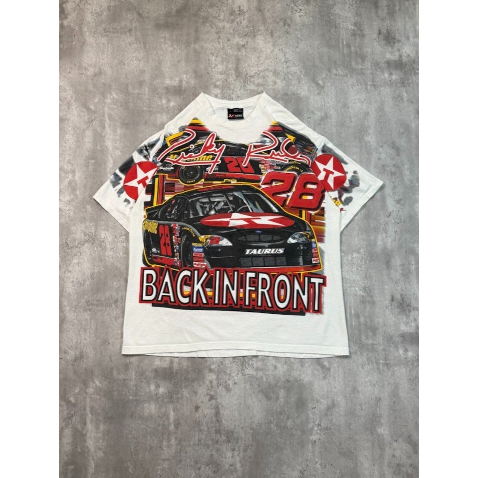 Vintage 90s Ernie Irvan #28 Back In Front All Over Print Nascar T-Shirt Sz Large