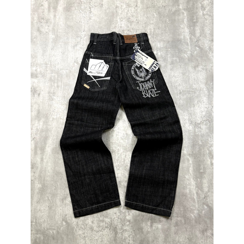 Vintage Y2K Womens Johnny Blaze Embroidered Black Wash Denim Pants