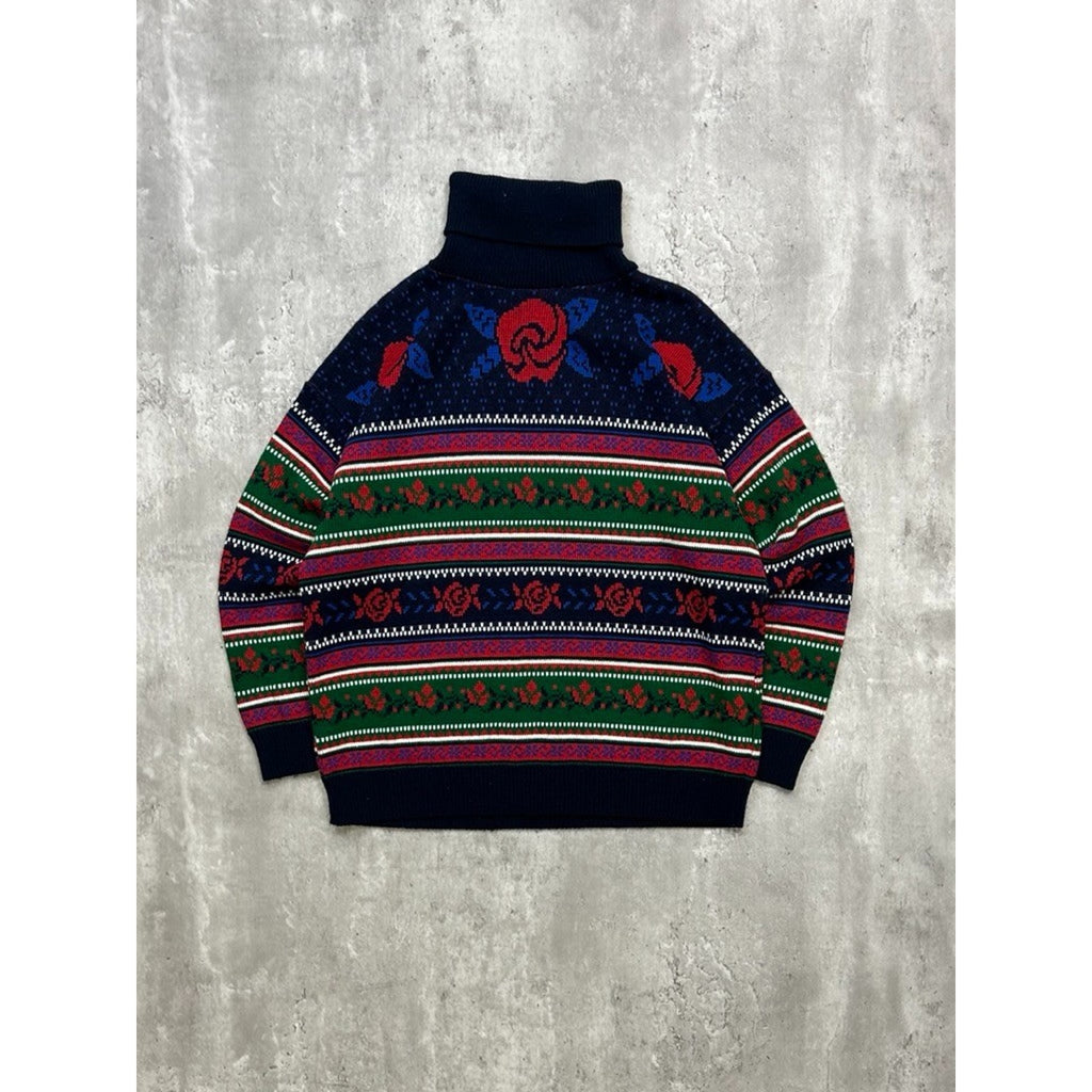 Vintage 90s Rose Striped Print Pullover Turtle Neck Knit Sweater Size Large