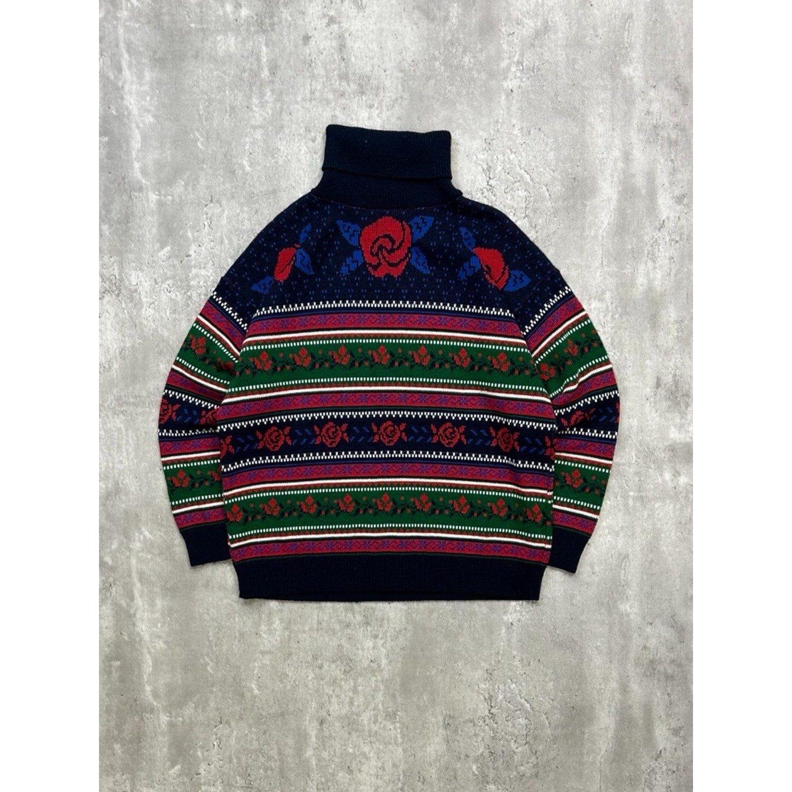 Vintage 90s Rose Striped Print Pullover Turtle Neck Knit Sweater Size Large