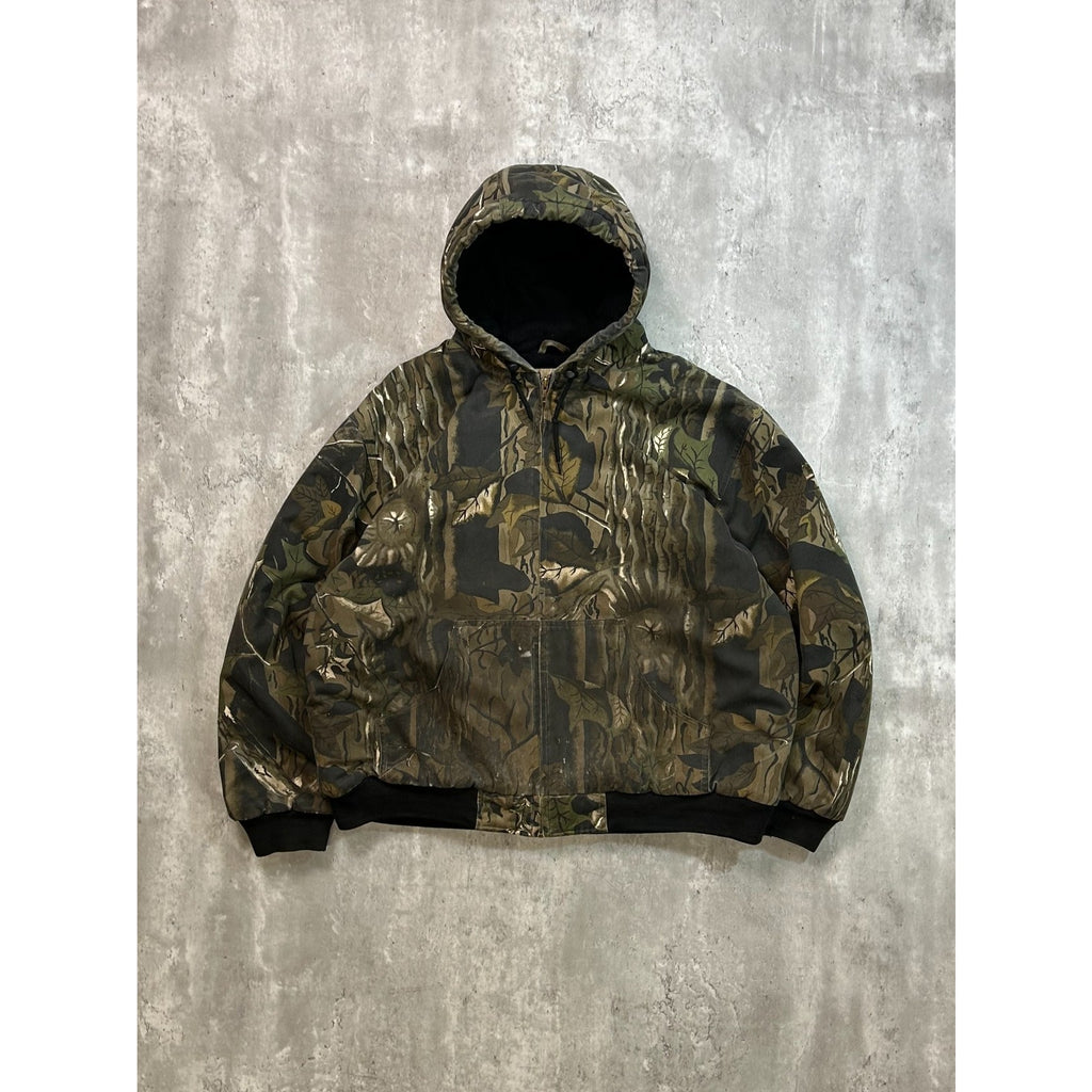 Vintage Insulated Tree Camo Hunting Hooded Bomber Jacket Size XL