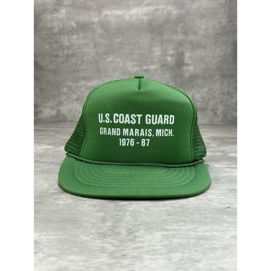 Vintage 1987 US Coast Guard Graphic Spellout Trucker Snapback Hat OSFA Green