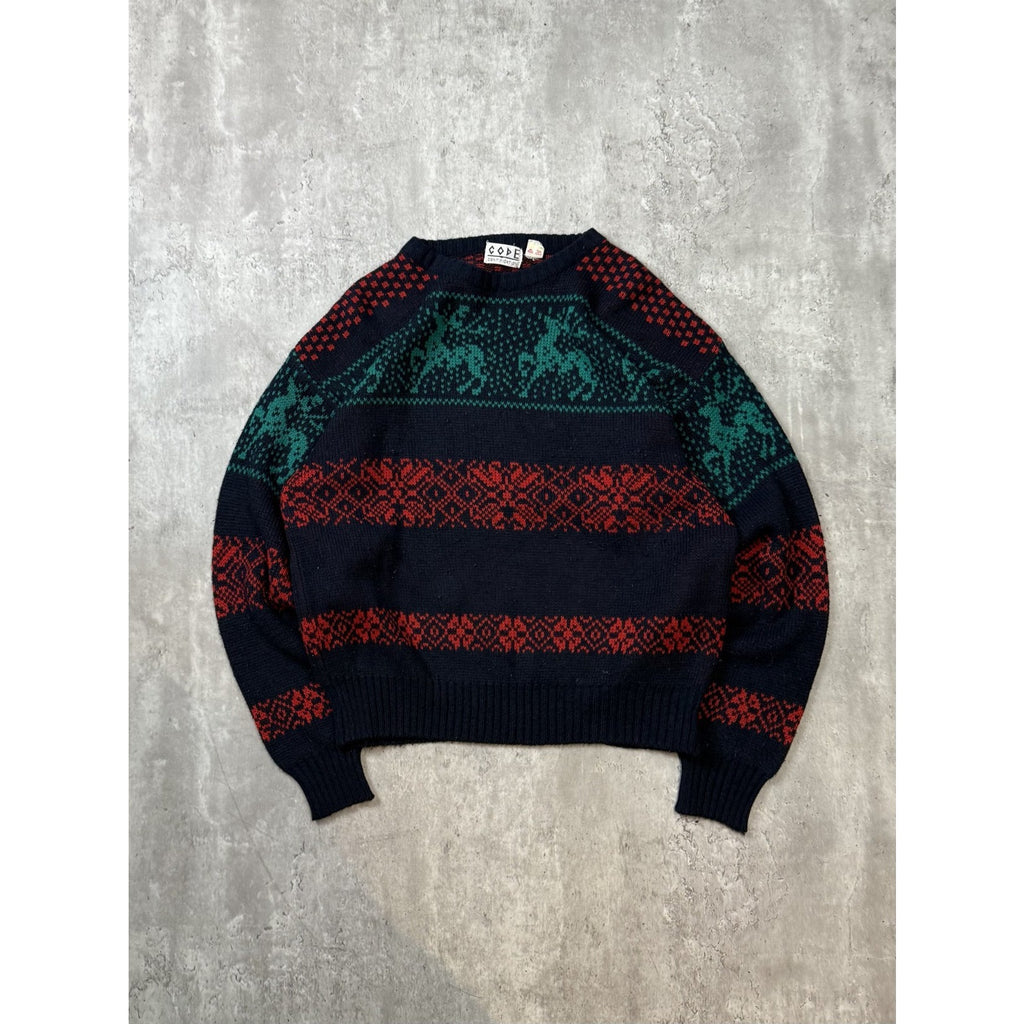 Vintage 90s Code Identification Abstract Striped Reindeer Knit Sweater Sz Large