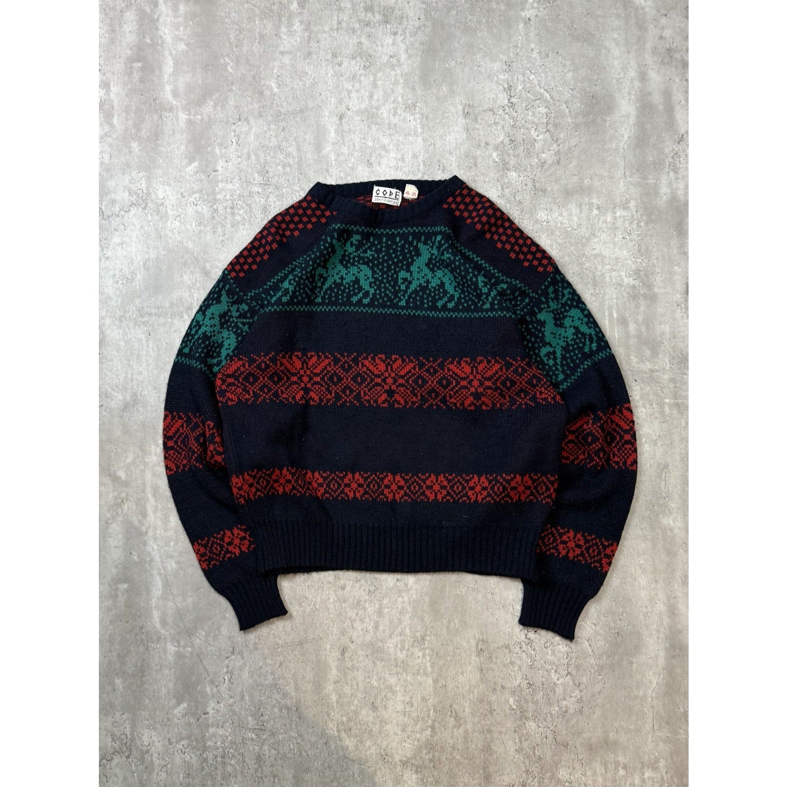 Vintage 90s Code Identification Abstract Striped Reindeer Knit Sweater Sz Large