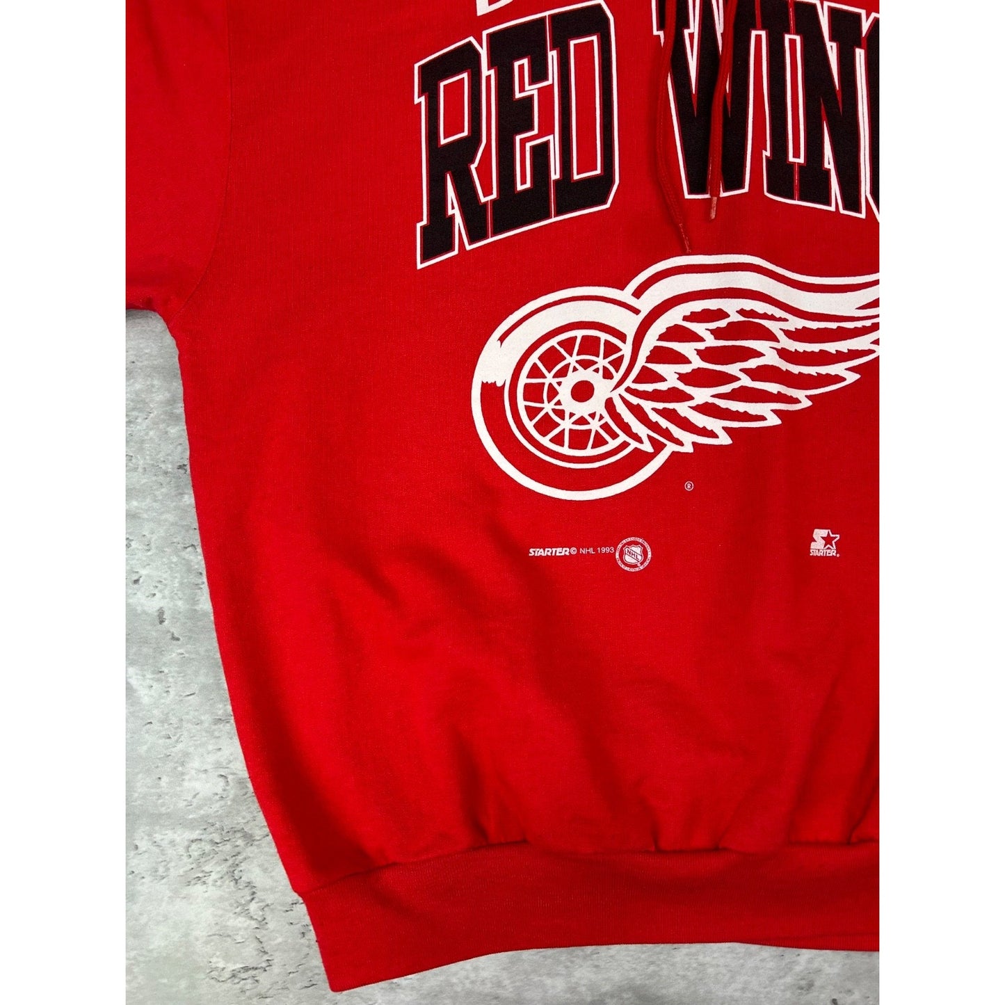 Vintage 90s Detroit Red Wings NHL Spellout Graphic Hooded Sweatshirt Size Large