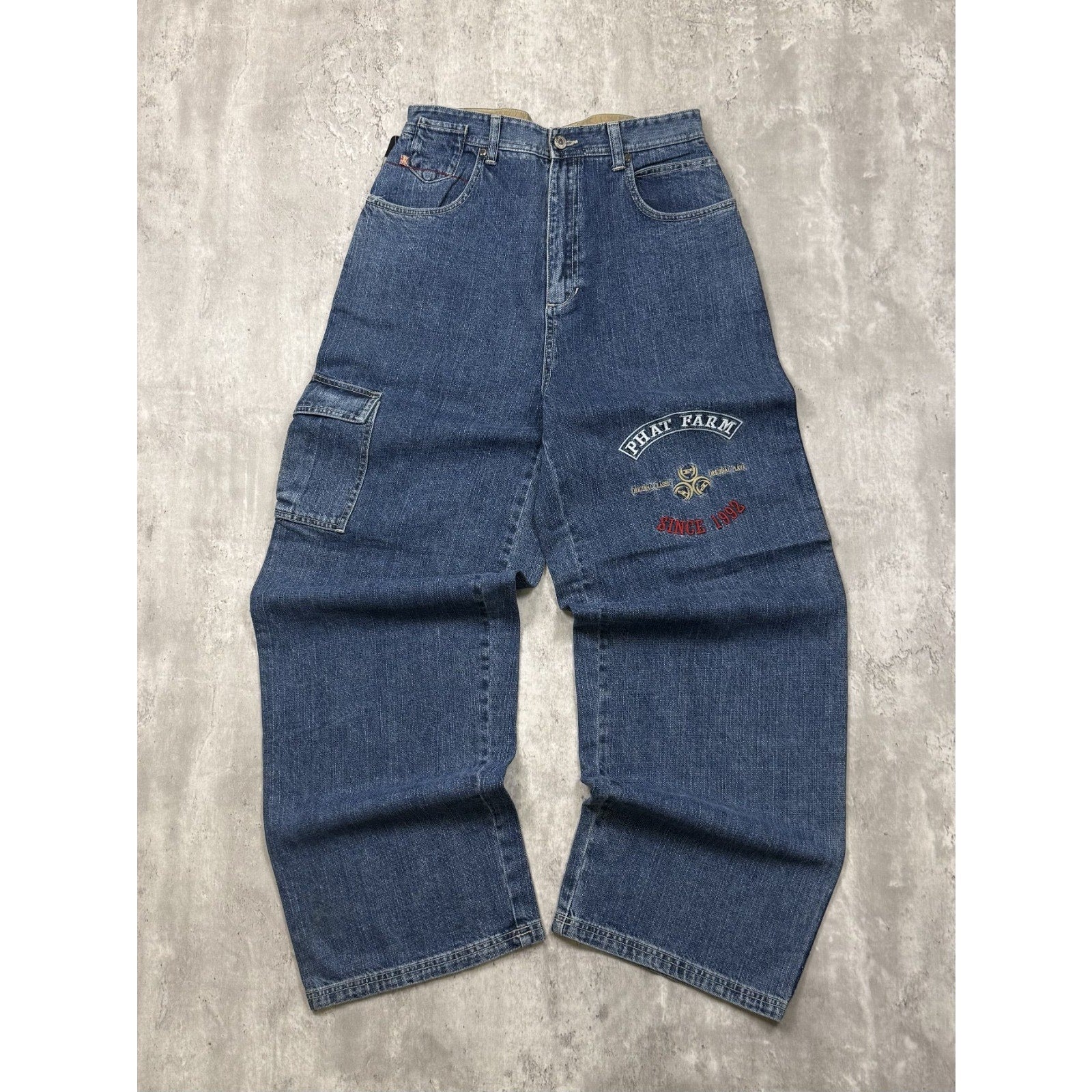 Vintage Y2K Womens Phat Farm Embroidered Medium Wash Denim Pants Size 30x32
