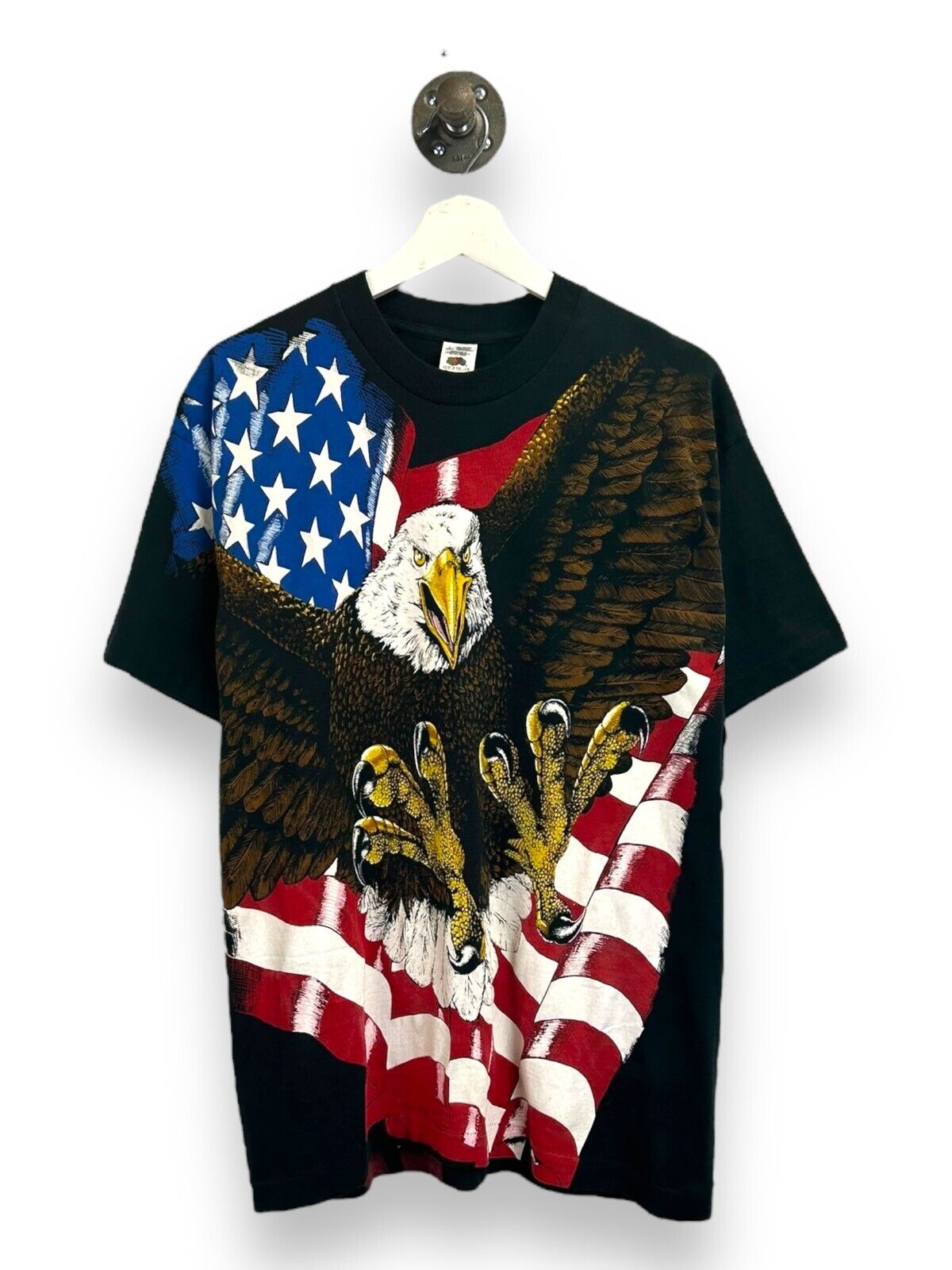 Vintage 90s Bald Eagle American Flag AOP Graphic T-Shirt Size Large