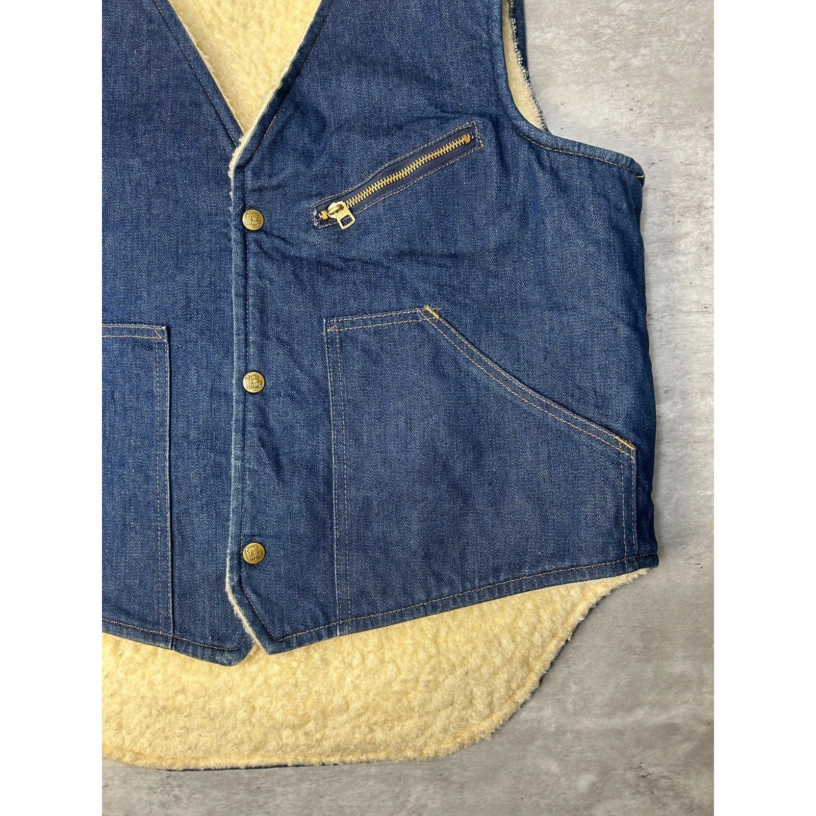 Vintage 70s Come On Strong Sherpa Lined Dark Wash Denim Vest Size Large