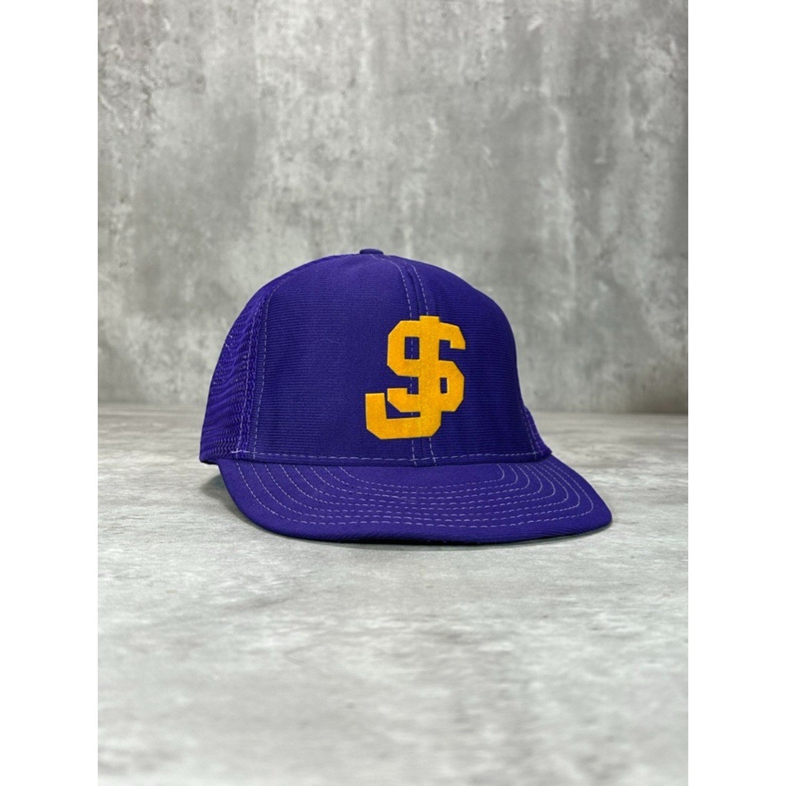 Vintage 80s SJ Graphic Two Tone Trucker Yellow/Purple Snapback Hat OSFA