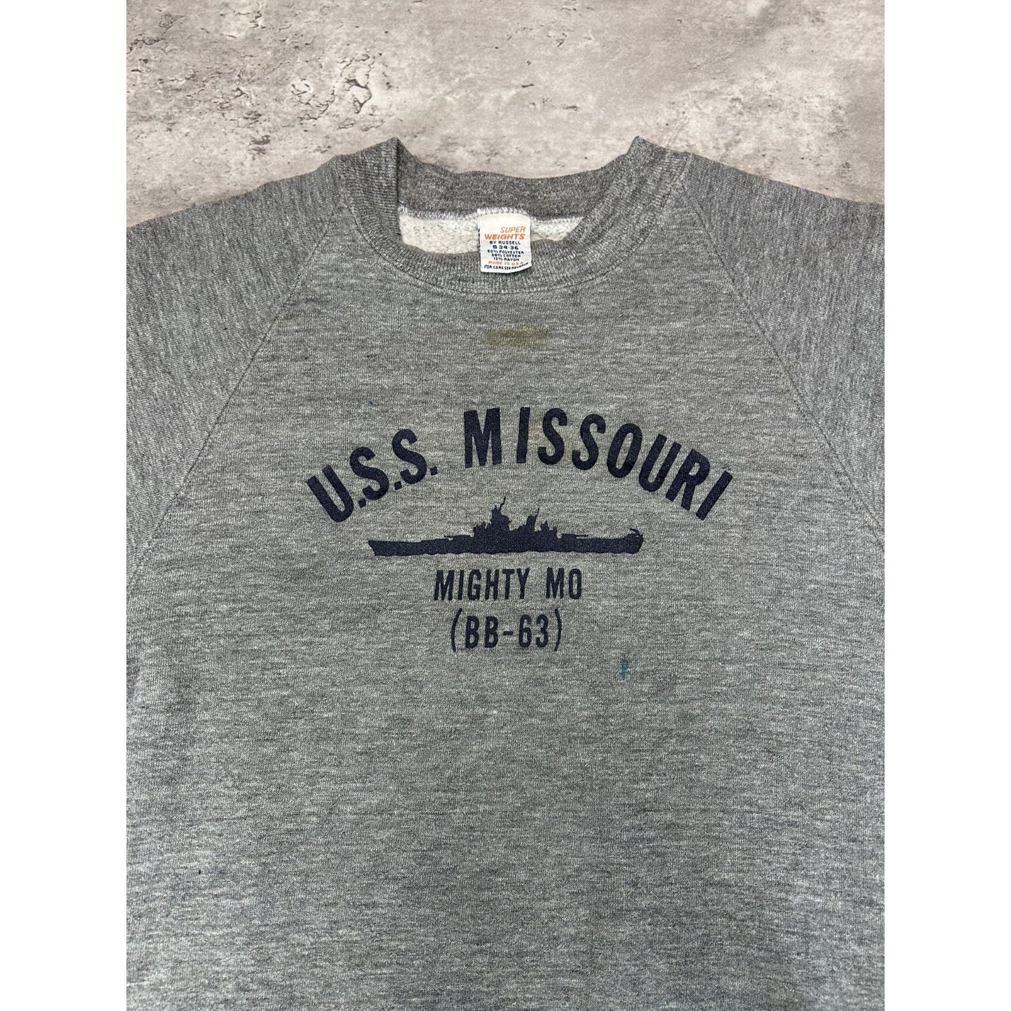 Vintage 1980s U.S.S Missouri Military Graphic Spellout Crewneck Sweatshirt Small