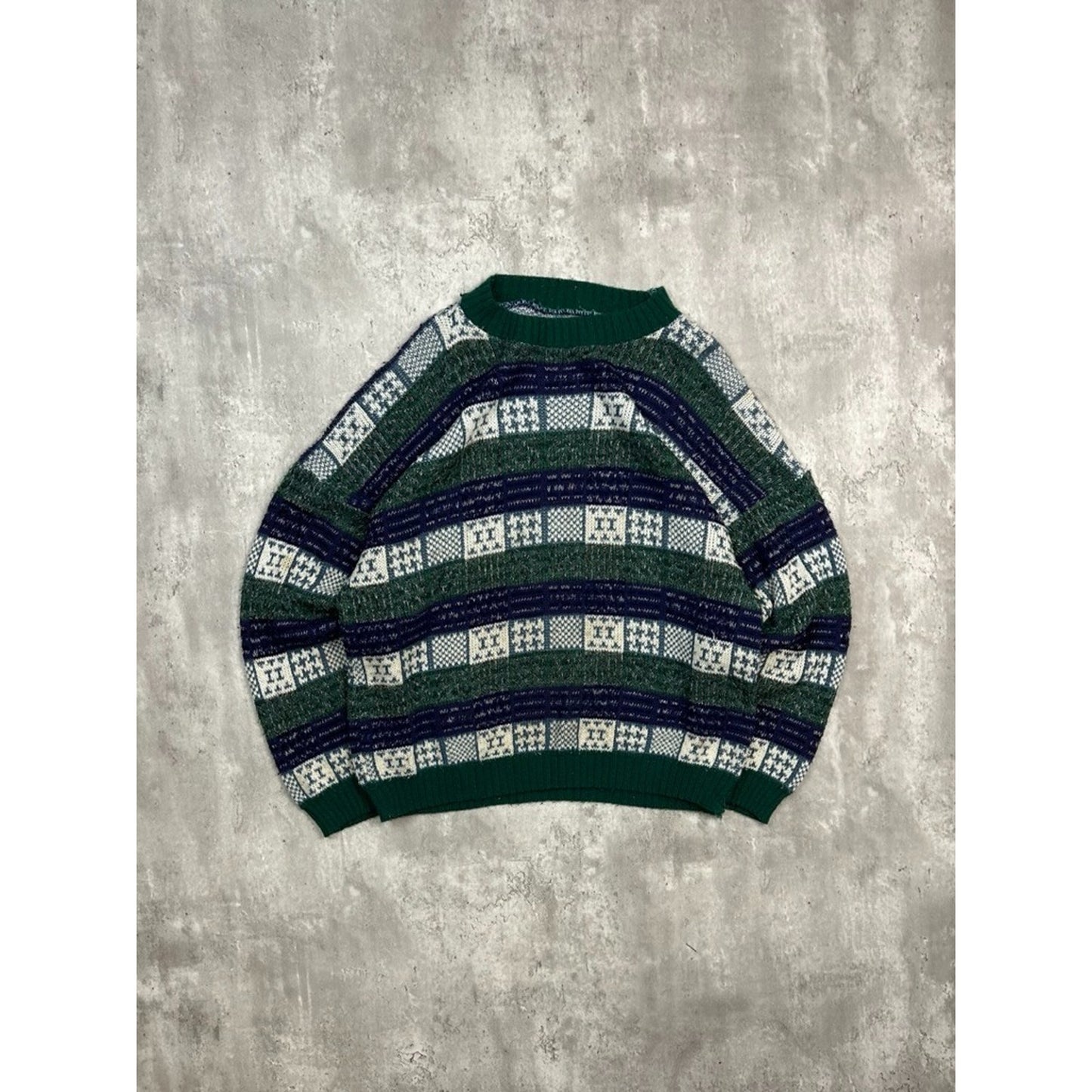 Vintage 90s Checkered Striped Print Pullover Knit Sweater Size Large