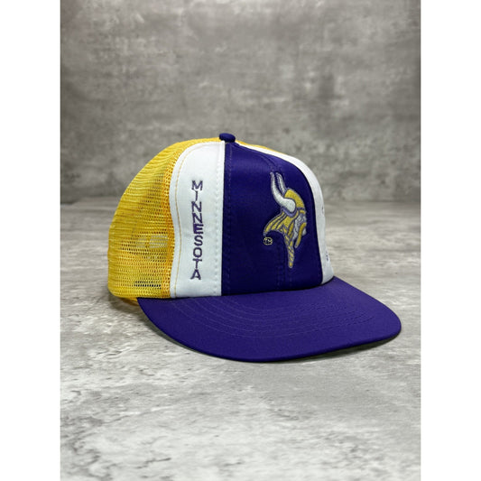 Vintage 90s Minnesota Vikings NFL Lucky Stripe Trucker Snapback Trucker Hat OSFA