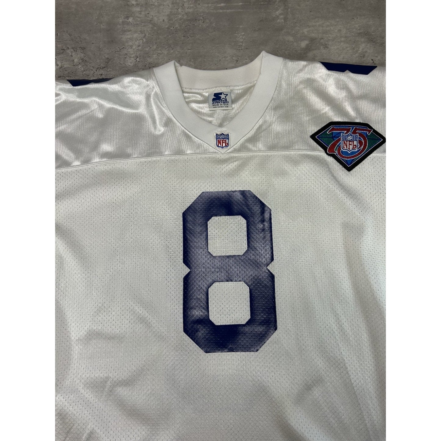 Vintage 90s Troy Aikman #8 Dallas Cowboys NFL Starter 75 Anni Football Jersey XL