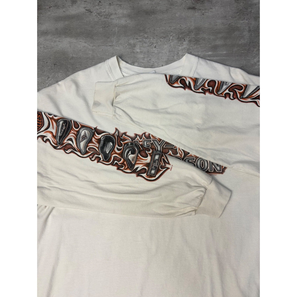 Vintage 2007 Harley Davidson Flame Graphic Spellout Long Sleeve T-Shirt Sz Large