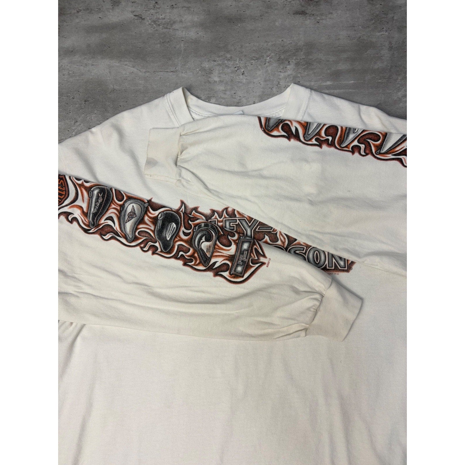 Vintage 2007 Harley Davidson Flame Graphic Spellout Long Sleeve T-Shirt Sz Large