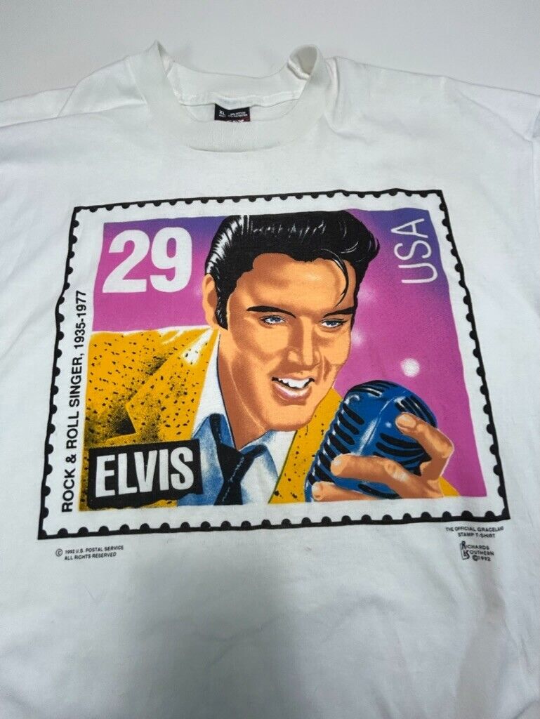 Vintage 1992 Elvis Rock & Roll Stamp Big Graphic Music T-Shirt Size XL