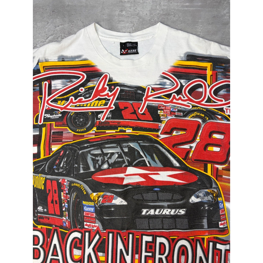 Vintage 90s Ernie Irvan #28 Back In Front All Over Print Nascar T-Shirt Sz Large