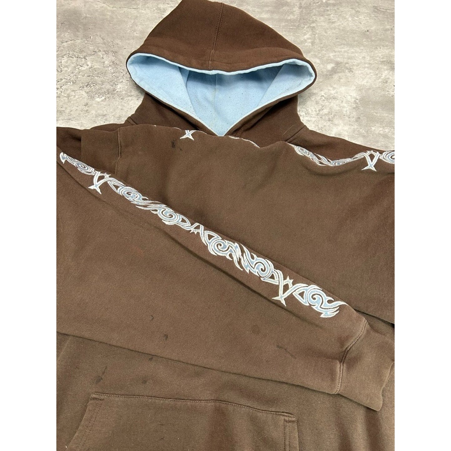 Vintage Y2K Two Tone Tribal Print Pullover Hooded Sweatshirt Size XL Brown/Blue