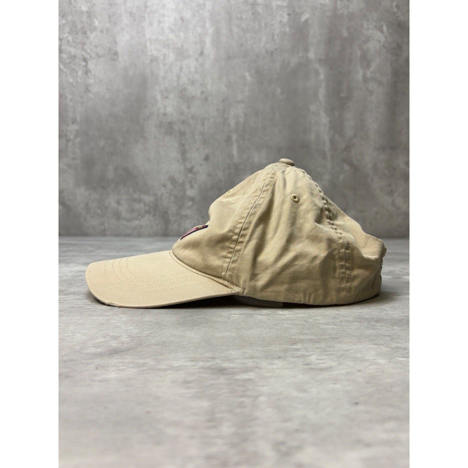 Vintage Polo Ralph Lauren Embroidered Spellout Crest Beige Strapback Hat OSFA