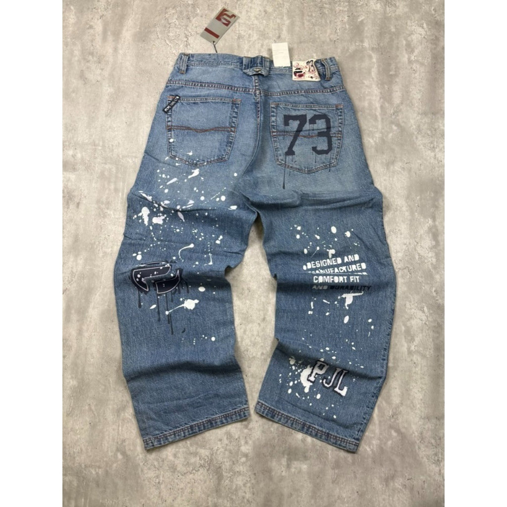 Vintage Y2K Pepe Jeans Paint Splatter Spellout Medium Wash Denim Pants Sz 38x33