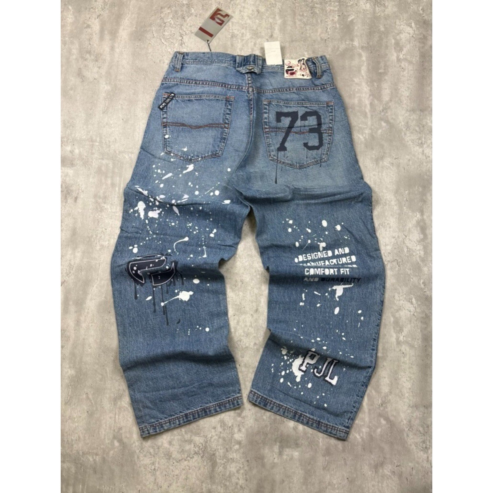 Vintage Y2K Pepe Jeans Paint Splatter Spellout Medium Wash Denim Pants Sz 38x33