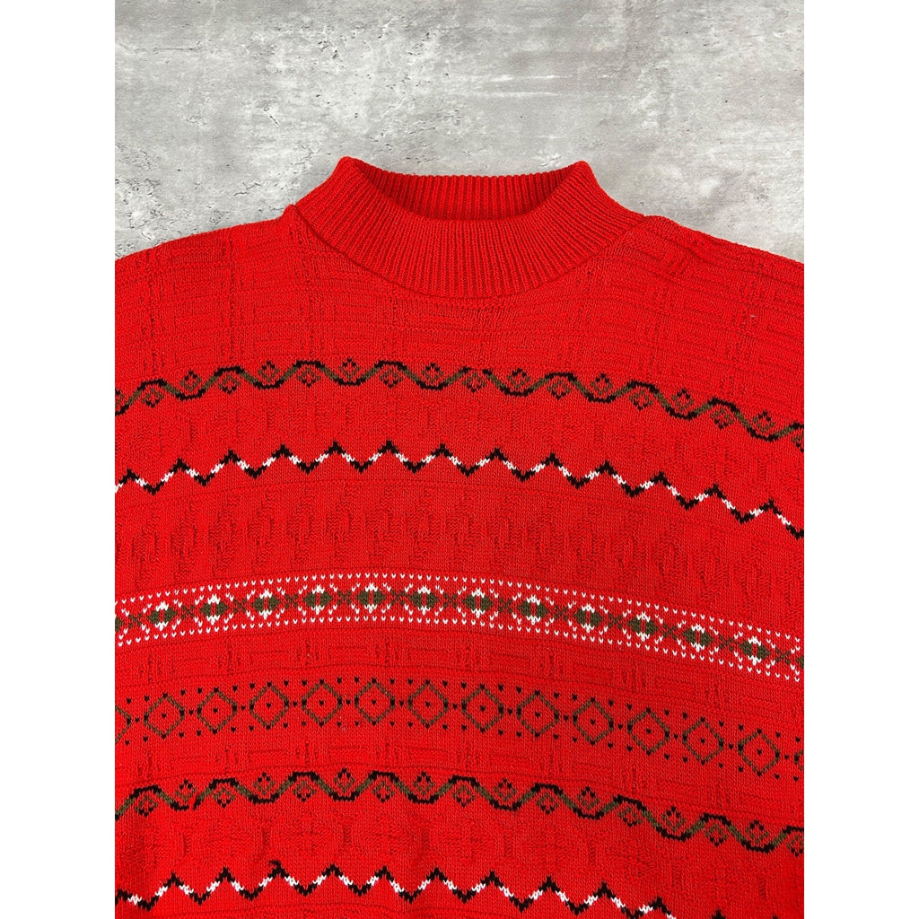 Vintage 90s Abstract Striped Print Pullover Mock Neck Knit Sweater Size XL