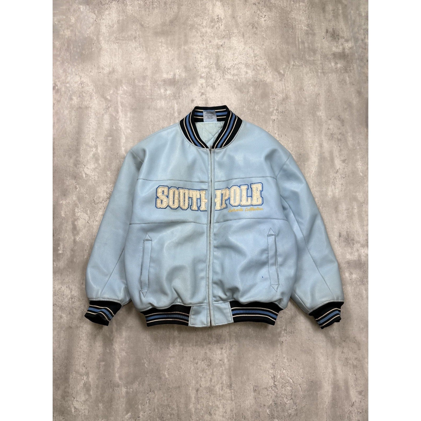 Vintage Y2K Southpole Embroidered Spellout Leather Bomber Jacket Size XL