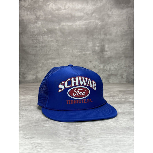 Vintage 1980s Schwab Ford Graphic Spellout Logo Trucker Snapback Hat OSFA