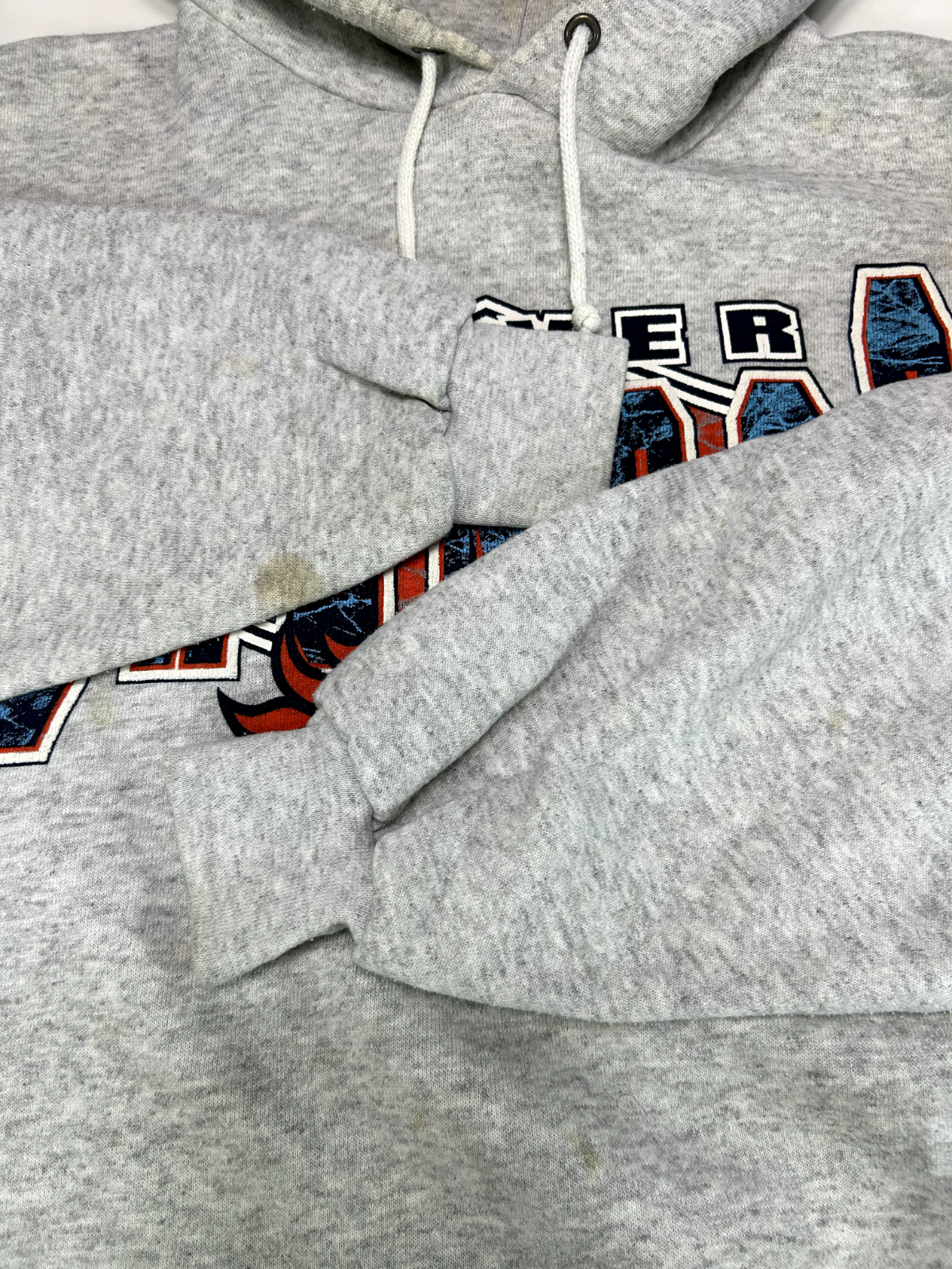 Vintage 90s Denver Broncos NFL Graphic Spellout Hooded Sweatshirt Size XL Gray