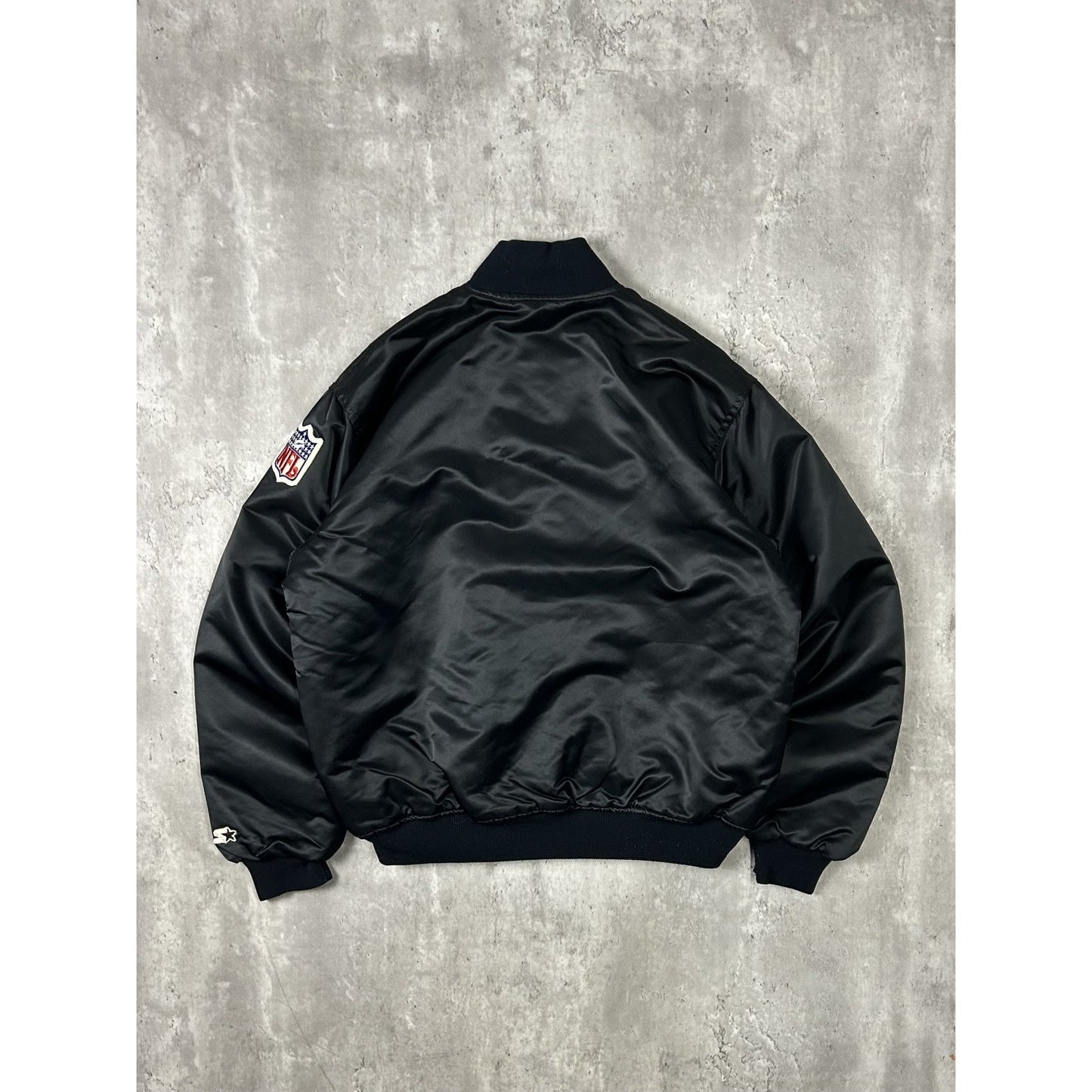 Vintage 90s Oakland Raiders NFL Starter Satin Bomber Jacket Size Large Black