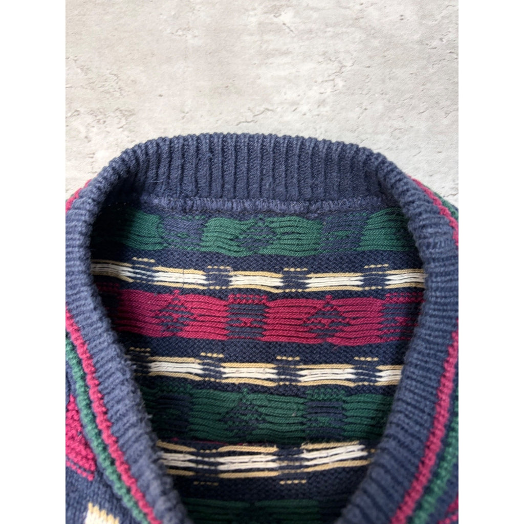 Vintage 90s Geometric Pattern Print Pullover Ribbed Knit Sweater Size Large