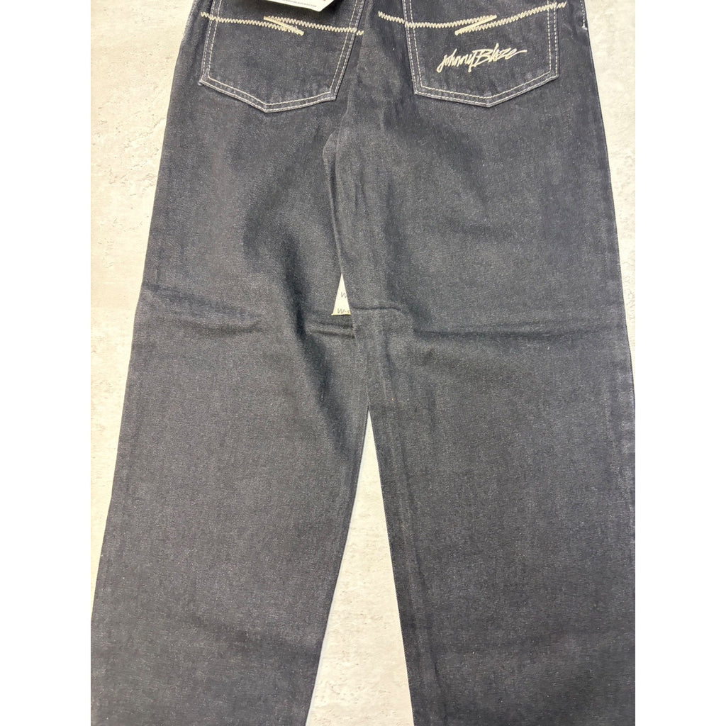 Vintage Y2K Womens Johnny Blaze Embroidered Script Black Wash Denim Pants