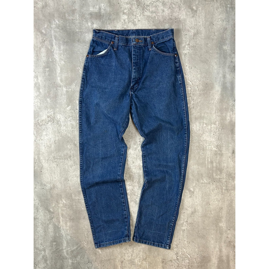 Vintage 90s Wrangler Leather Patch Dark Wash Denim Pants Size 29 Blue