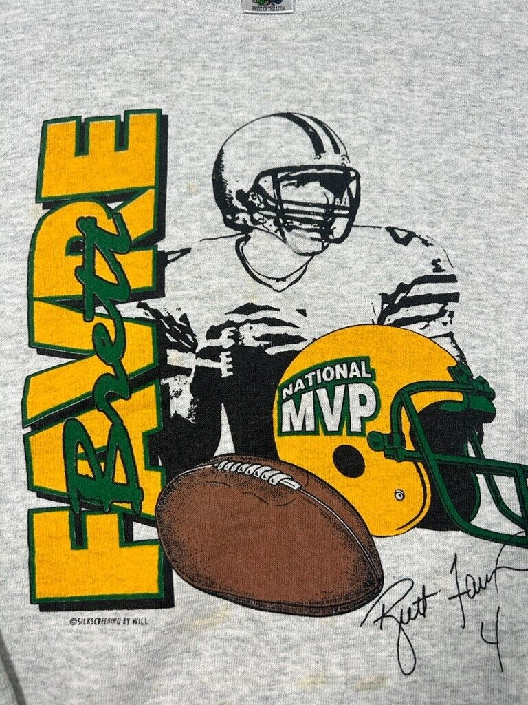 Vintage 90s Brett Favre #4 Green Bay Packers MVP NFL Sweatshirt Size Large Gray