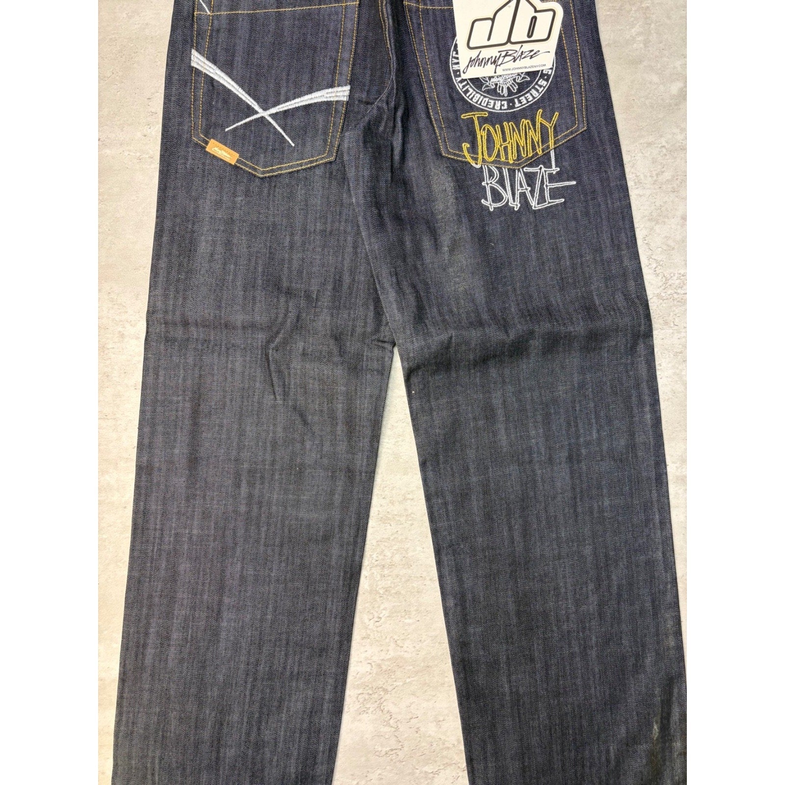 Vintage Y2K Womens Johnny Blaze Embroidered Crest Dark Wash Denim Pants
