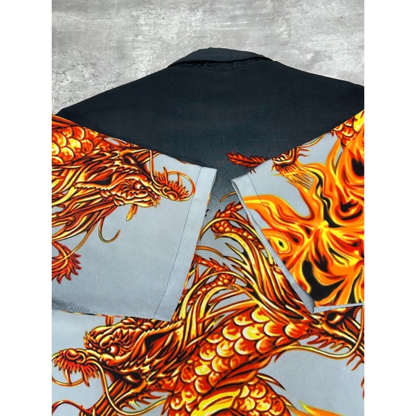 Vintage Y2K Anime Flaming Dragon All Over Print Graphic Button Up Shirt Size XXL