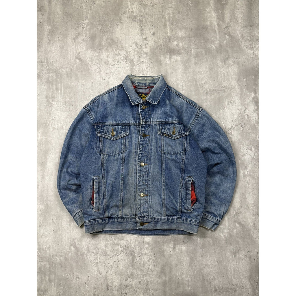 Vintage 90s Club P Plaid Lined Medium Wash Denim Trucker Jacket Size Medium