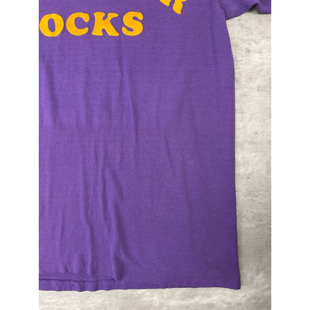Vintage 80s Bleacher Jocks Felt Spellout Graphic T-Shirt Size Medium Purple