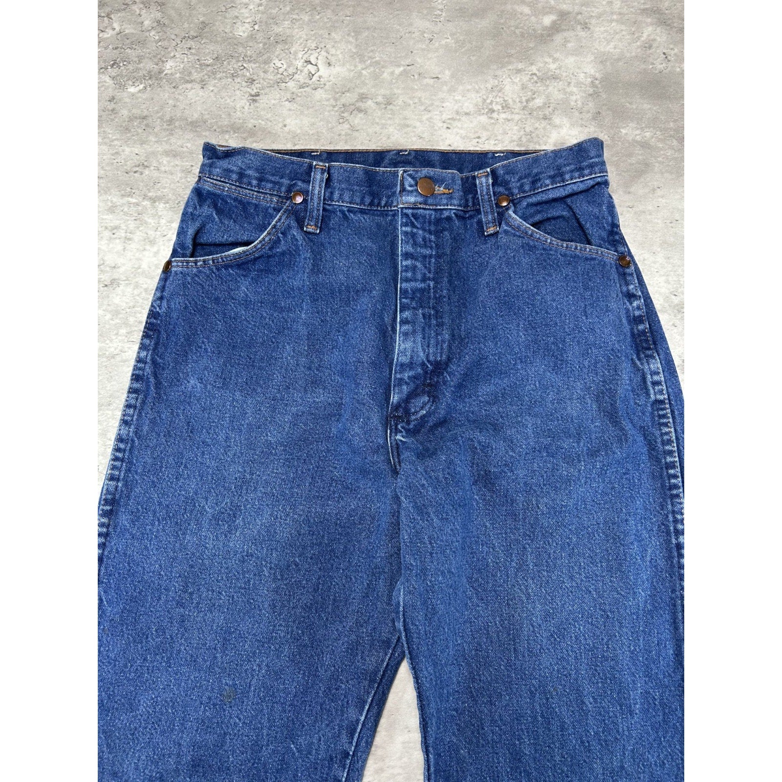Vintage 90s Wrangler Leather Patch Dark Wash Denim Pants Size 29 Blue