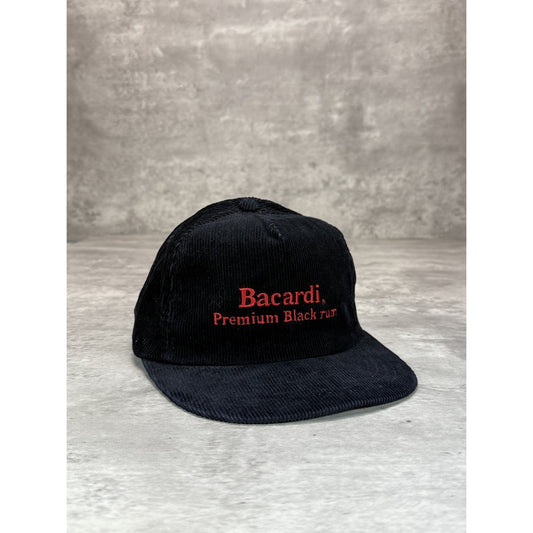 Vintage 90s Bacardi BLack Rum Embroidered Spellout Corduroy Snapback Hat OSFA