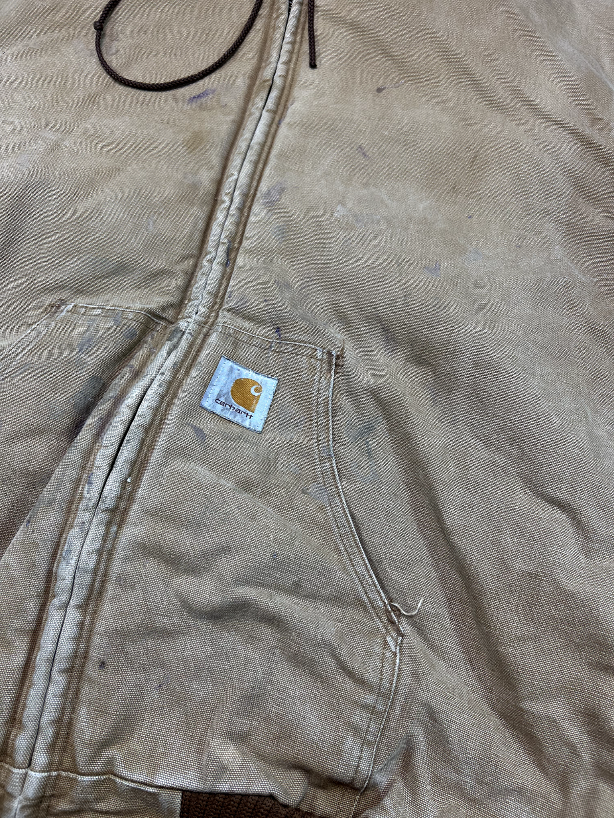 Vtg Carhartt Blanket Lined Canvas Workwear Hooded Bomber Jacket Sz Large J04BRN