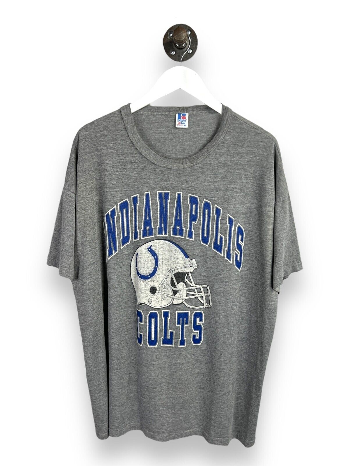 Vintage 90s Indianapolis Colts NFL Helmet Graphic Spellout T-Shirt Size XL Gray