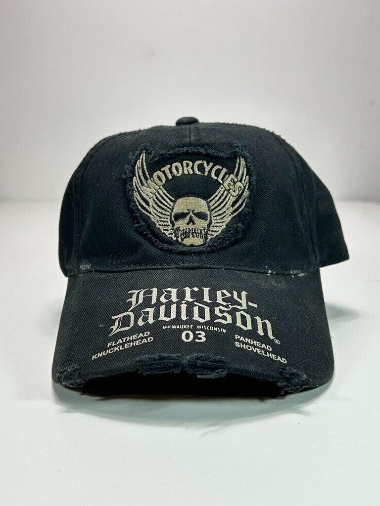 Harley Davidson Embroidered Skull Distressed Fitted Hat Size Medium