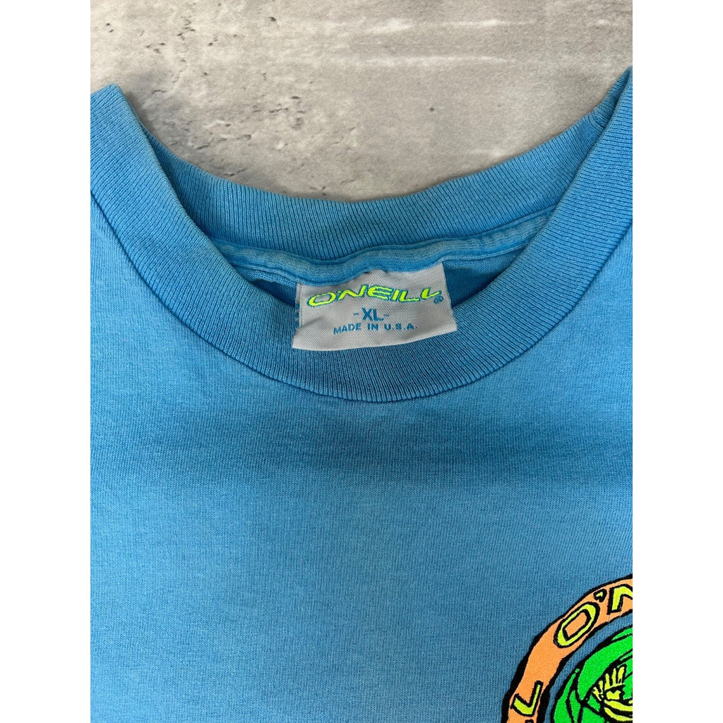 Vintage 90s O'Neill Cartoon Surfer Graphic Blue T-Shirt Size XL