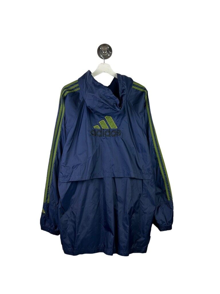 Vintage 90s Adidas Trefoil Three Stripe Windbreaker Hooded Jacket Size XL Blue