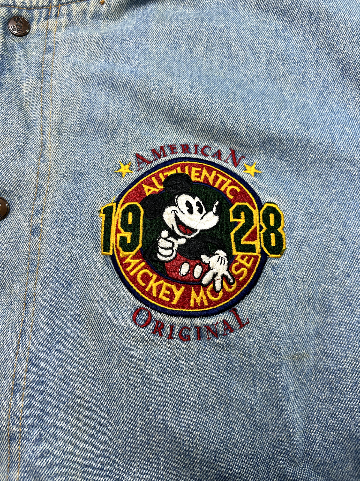 Vtg 90s Disney Mickey Mouse Insulated Embroidered Denim Bomber Jacket Sz Large