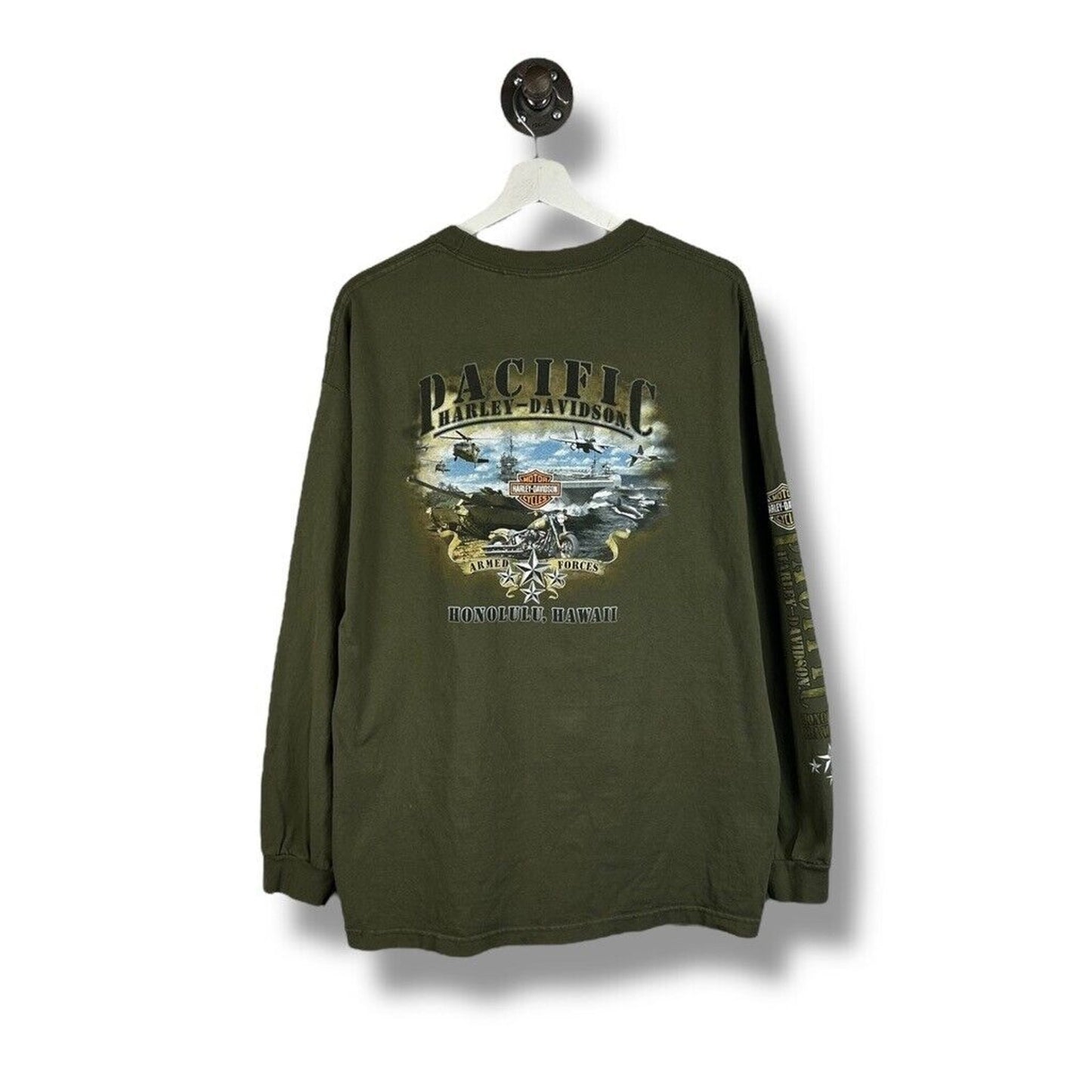 Harley Davidson Military Graphic Long Sleeve T-Shirt Size XL Green